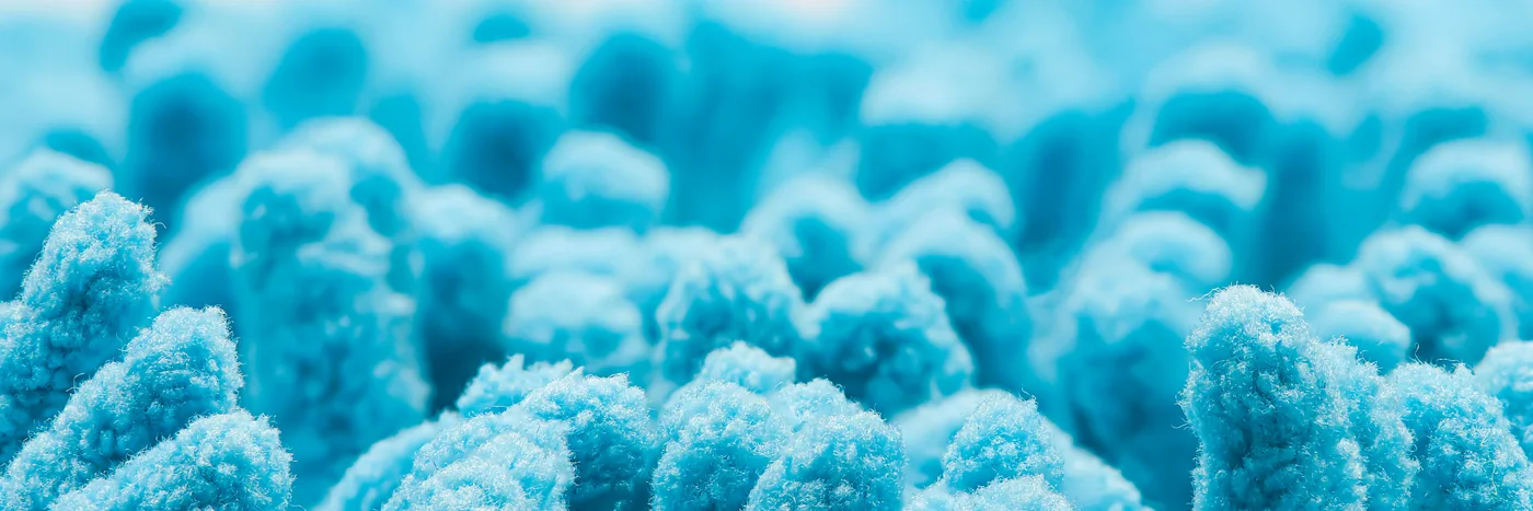 A close-up abstract of blue intestinal villi, the folded lining of the gut wall.