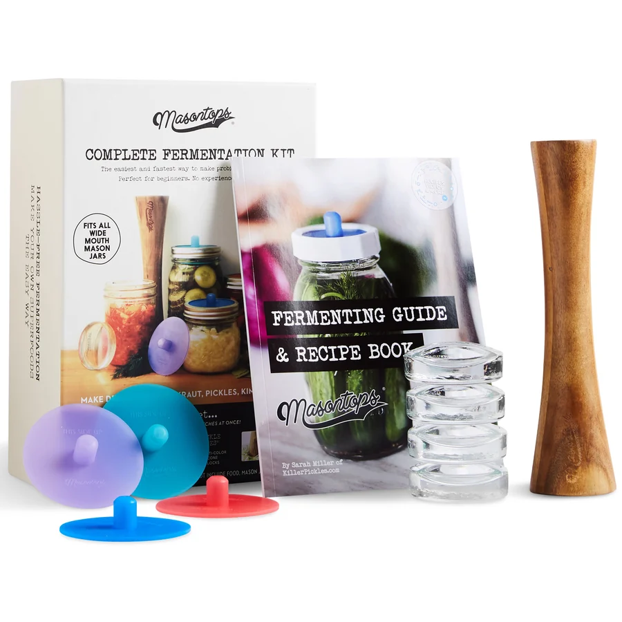 Masontops Complete Fermentation Kit: airlock lids, glass weights, wooden tamper and recipe book